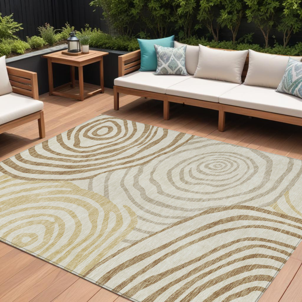 9' X 12' Gold Ivory And Beige Abstract Washable Indoor Outdoor Area Rug - Image 6
