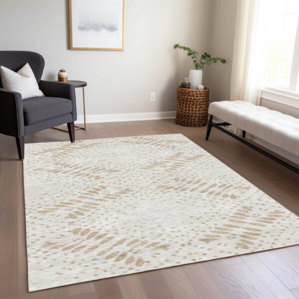 3' X 5' Beige Taupe And Tan Floral Washable Indoor Outdoor Area Rug