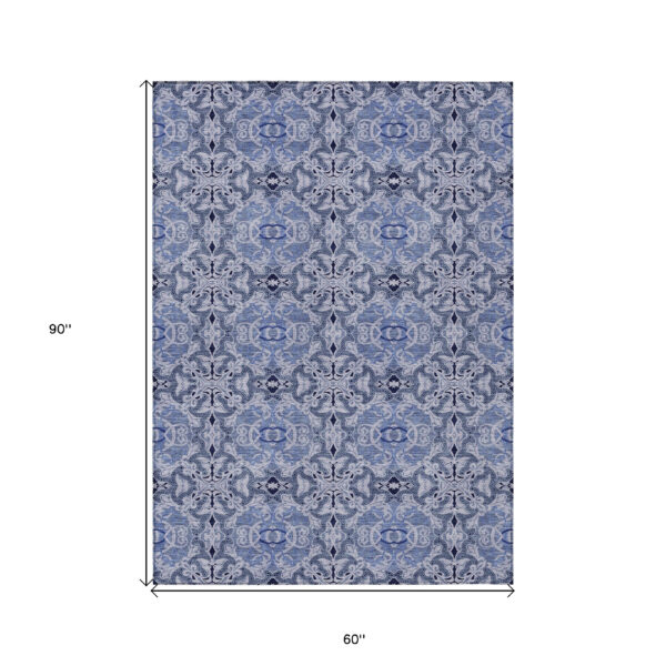 5' X 8' Navy Blue And Sky Blue Medallion Washable Indoor Outdoor Area Rug