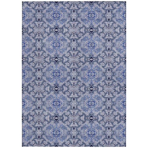 5' X 8' Navy Blue And Sky Blue Medallion Washable Indoor Outdoor Area Rug