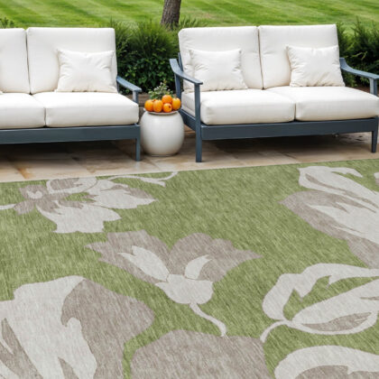 10' X 14' Olive Green Taupe And Beige Floral Washable Indoor Outdoor Area Rug
