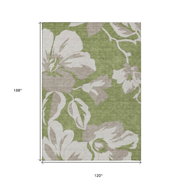 10' X 14' Olive Green Taupe And Beige Floral Washable Indoor Outdoor Area Rug