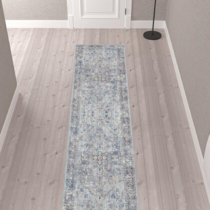 10' Gray Floral Power Loom Distressed Washable Runner Rug