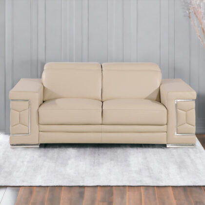 71" Beige And Silver Genuine Leather Love Seat