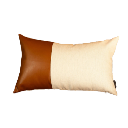 White And Brown Faux Leather Lumbar Decorative Pillow Cover