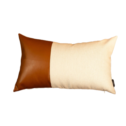White And Brown Faux Leather Lumbar Decorative Pillow Cover