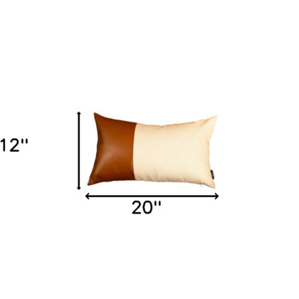 White And Brown Faux Leather Lumbar Decorative Pillow Cover