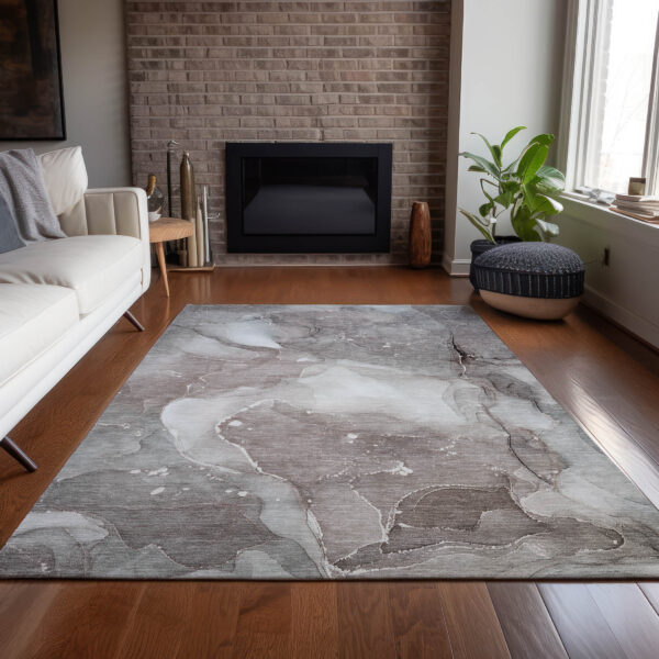 9' X 12' Taupe Abstract Washable Indoor Outdoor Area Rug