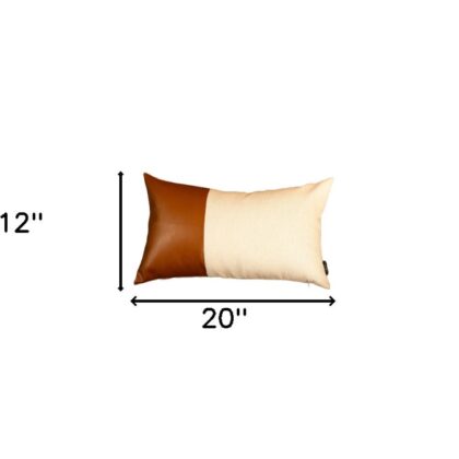 White And Brown Faux Leather Lumbar Decorative Pillow Cover