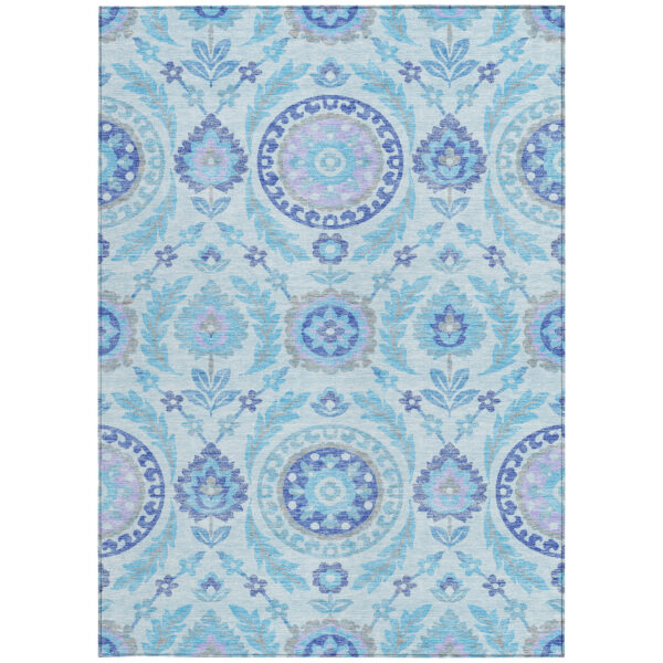 9' X 12' Sky Blue And Lavender Floral Washable Indoor Outdoor Area Rug