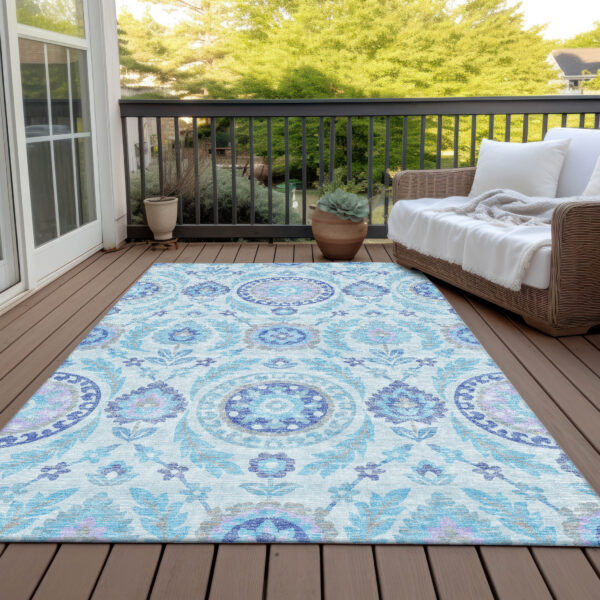 9' X 12' Sky Blue And Lavender Floral Washable Indoor Outdoor Area Rug