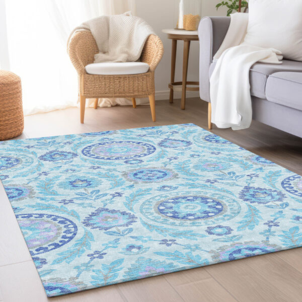 9' X 12' Sky Blue And Lavender Floral Washable Indoor Outdoor Area Rug