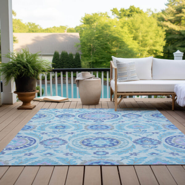 9' X 12' Sky Blue And Lavender Floral Washable Indoor Outdoor Area Rug