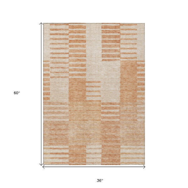 3' X 5' Salmon Peach And Ivory Striped Washable Indoor Outdoor Area Rug