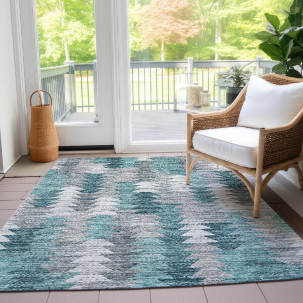 10' X 14' Dark Blue Aqua And Gray Geometric Washable Indoor Outdoor Area Rug