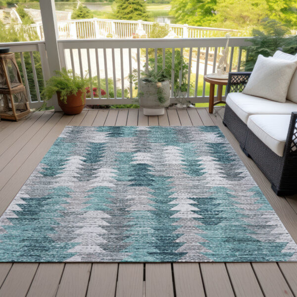 10' X 14' Dark Blue Aqua And Gray Geometric Washable Indoor Outdoor Area Rug
