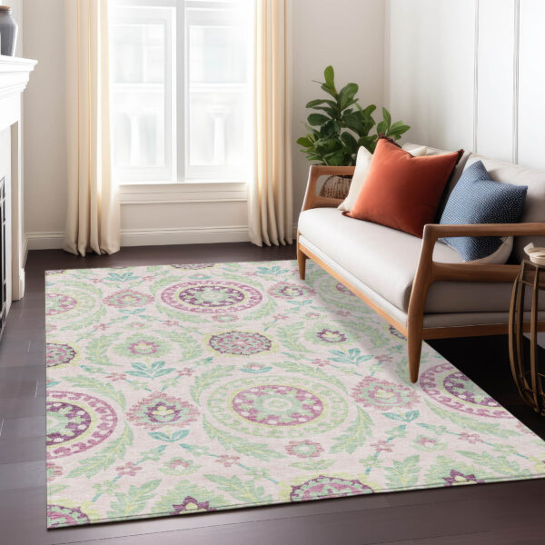 3' X 5' Pink Mauve And Mint Green Floral Washable Indoor Outdoor Area Rug
