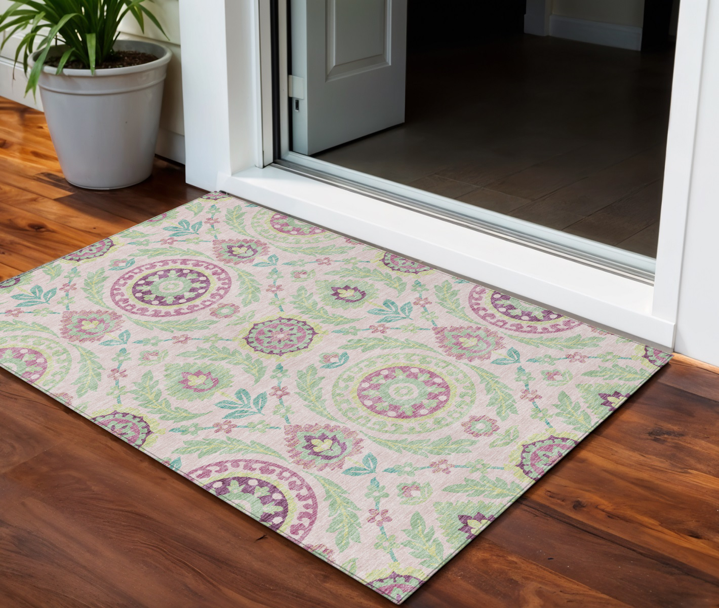 3' X 5' Pink Mauve And Mint Green Floral Washable Indoor Outdoor Area Rug - Image 7