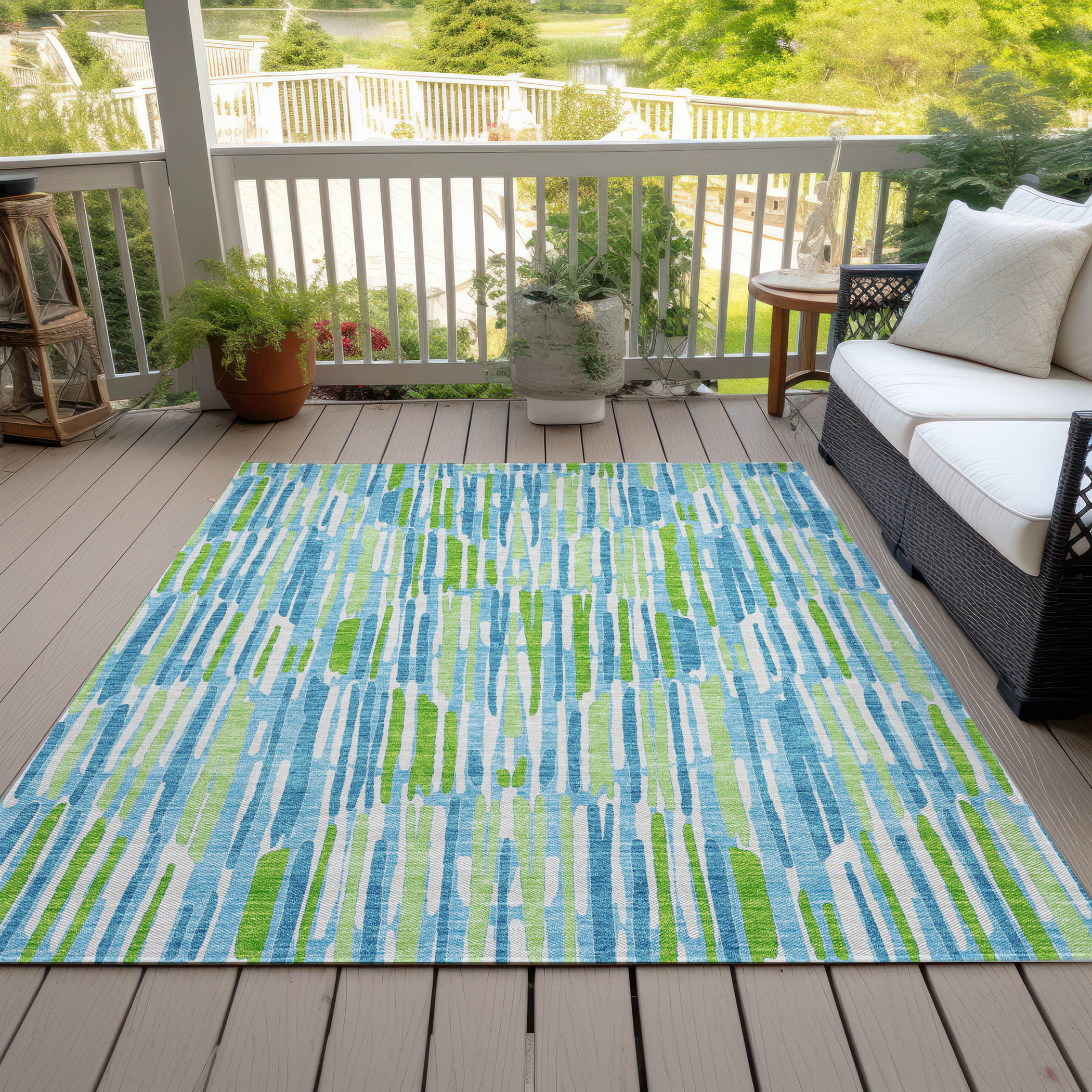 10' X 14' Aqua Teal Blue And Lime Green Abstract Washable Indoor Outdoor Area Rug - Image 2