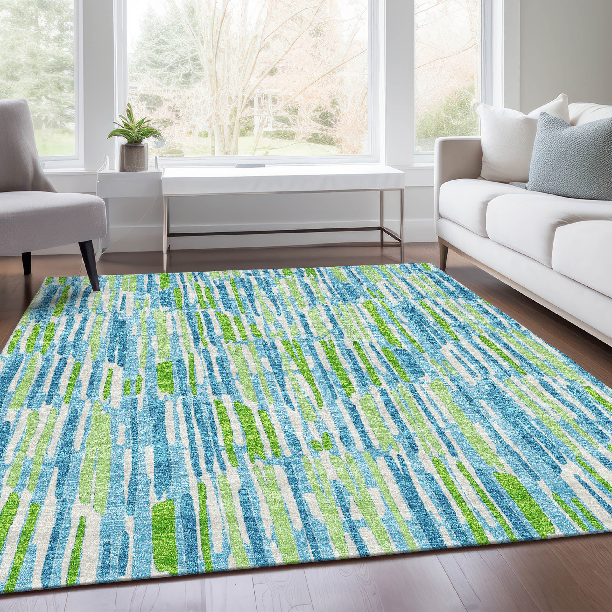 10' X 14' Aqua Teal Blue And Lime Green Abstract Washable Indoor Outdoor Area Rug - Image 4