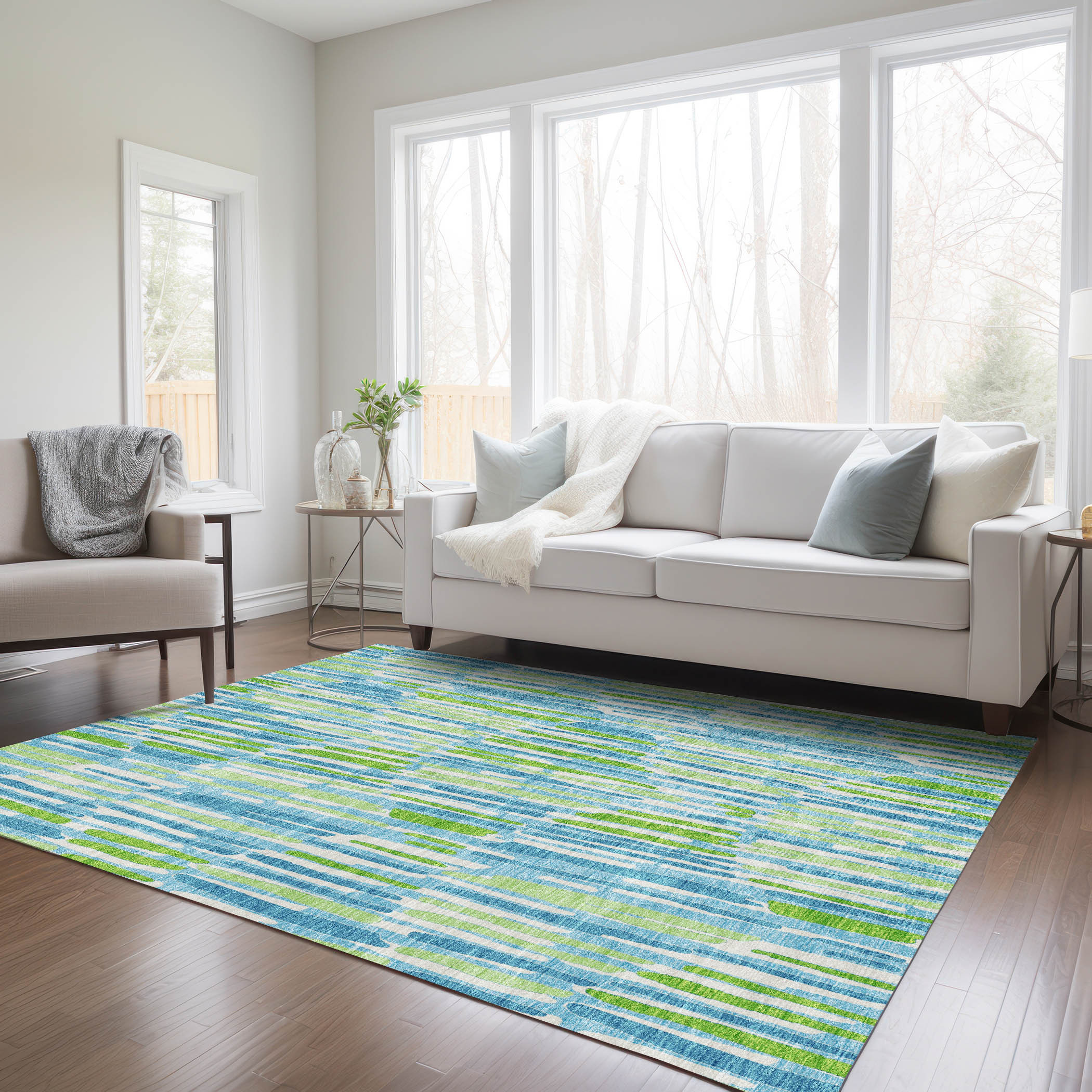 10' X 14' Aqua Teal Blue And Lime Green Abstract Washable Indoor Outdoor Area Rug - Image 7