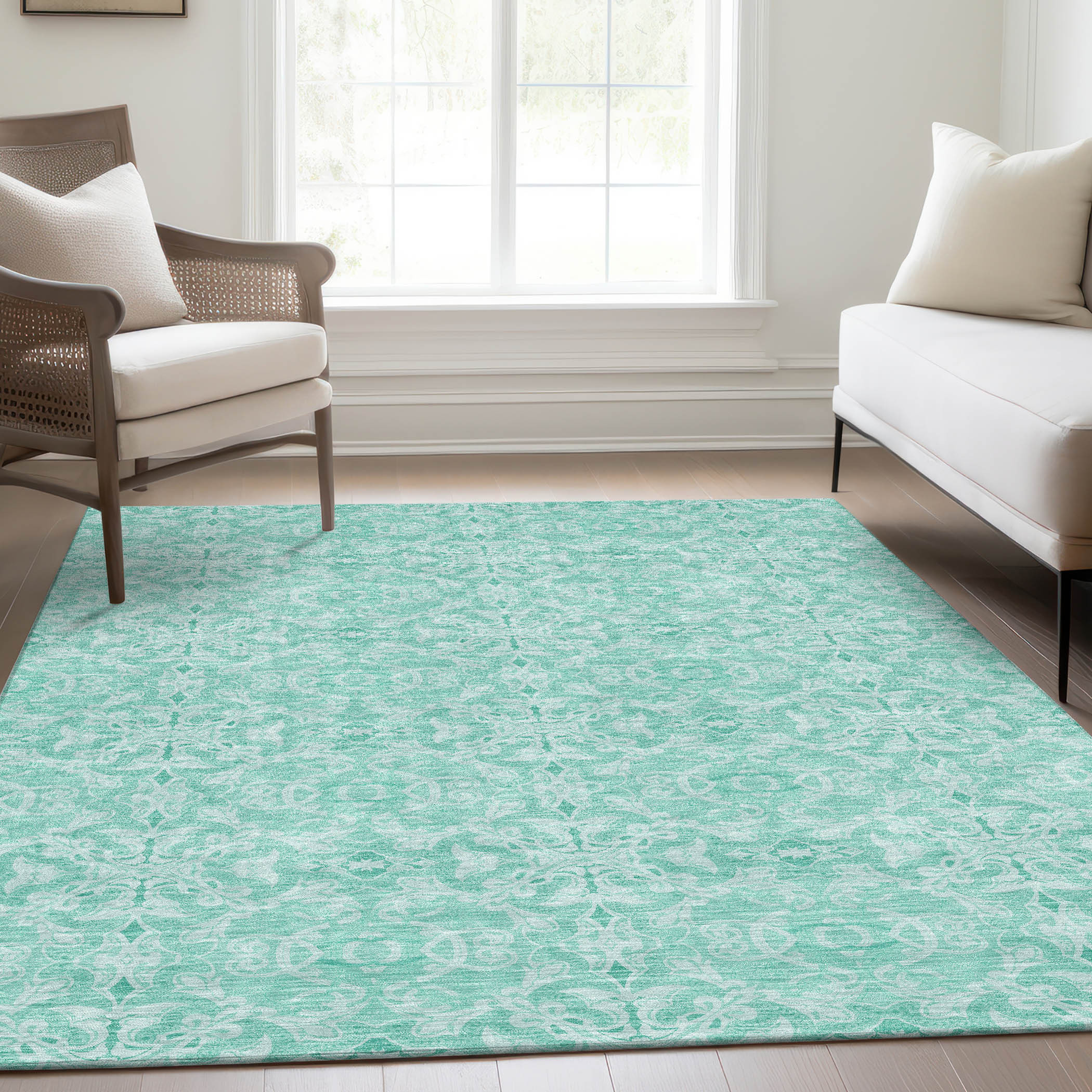 10' X 14' Turquoise And Teal Blue Medallion Washable Indoor Outdoor Area Rug - Image 7