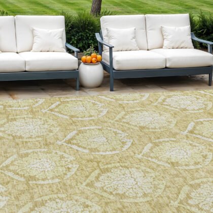 8' X 10' Gold Wheat And Ivory Medallion Washable Indoor Outdoor Area Rug