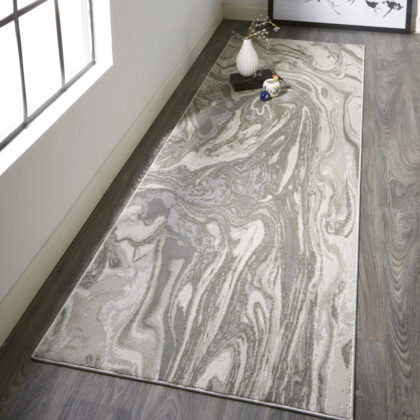 8' Gray Ivory and Silver Abstract Power Loom Distressed Runner Rug