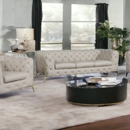 Three Piece Indoor Beige Italian Leather Six Person Seating Set