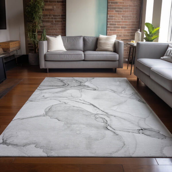 3' X 5' Silver Abstract Washable Non Skid Indoor Outdoor Area Rug