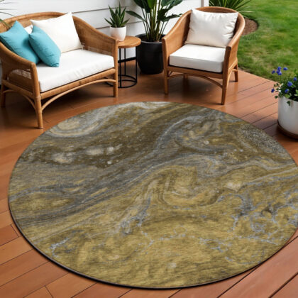 8' Brown Taupe And Chocolate Round Abstract Washable Indoor Outdoor Area Rug