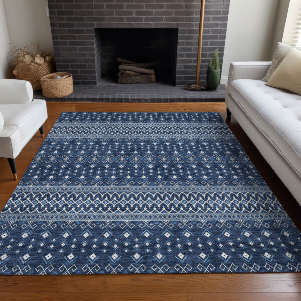 8' X 10' Navy Blue And Denim Blue Tribal Washable Indoor Outdoor Area Rug