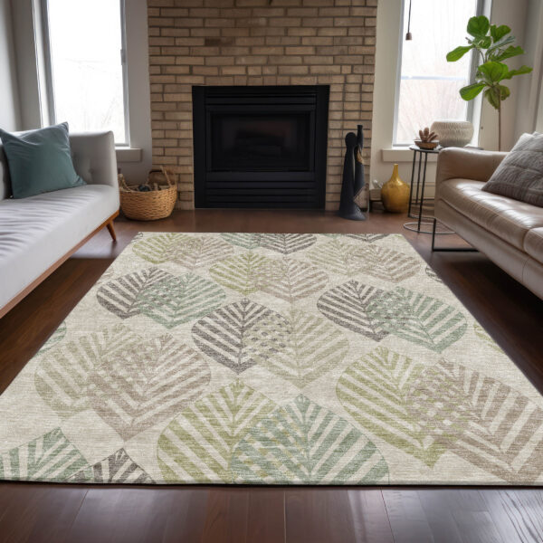 5' X 8' Beige Taupe And Artichoke Green Floral Washable Indoor Outdoor Area Rug