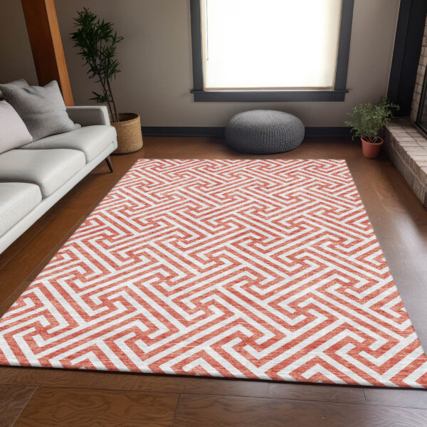 5' X 8' Salmon And Ivory Geometric Washable Indoor Outdoor Area Rug