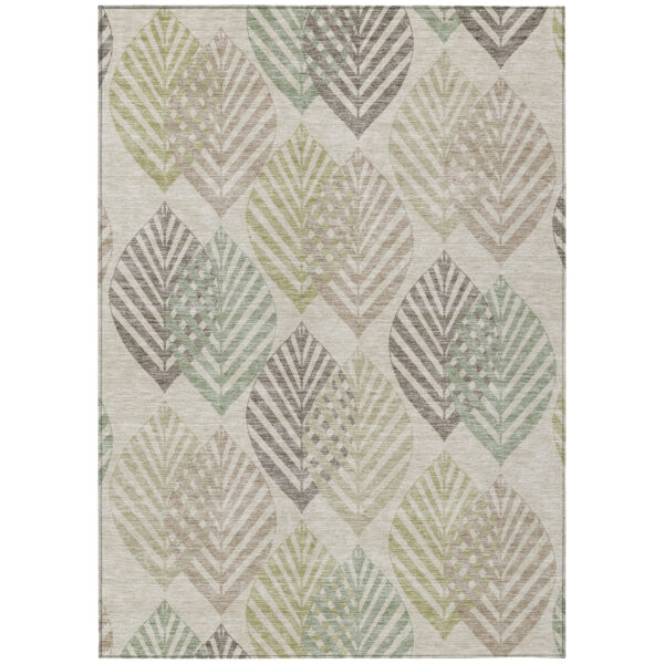5' X 8' Beige Taupe And Artichoke Green Floral Washable Indoor Outdoor Area Rug