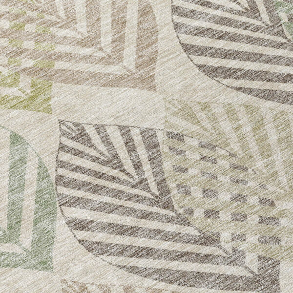 5' X 8' Beige Taupe And Artichoke Green Floral Washable Indoor Outdoor Area Rug
