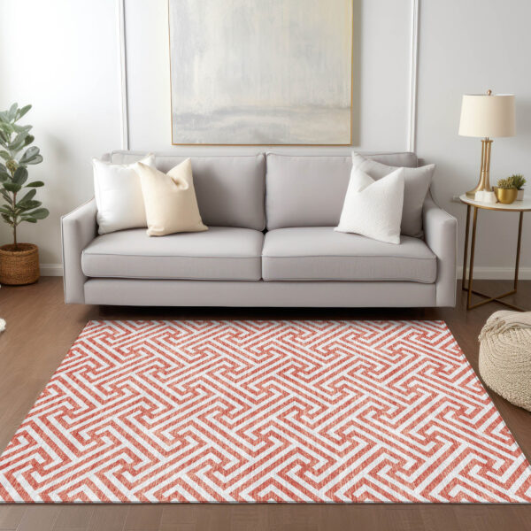 5' X 8' Salmon And Ivory Geometric Washable Indoor Outdoor Area Rug