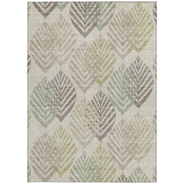5' X 8' Beige Taupe And Artichoke Green Floral Washable Indoor Outdoor Area Rug