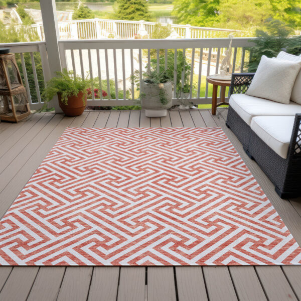 5' X 8' Salmon And Ivory Geometric Washable Indoor Outdoor Area Rug