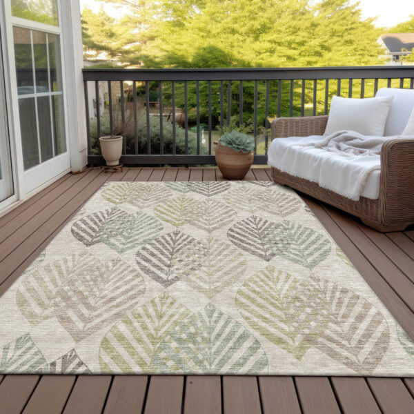 5' X 8' Beige Taupe And Artichoke Green Floral Washable Indoor Outdoor Area Rug