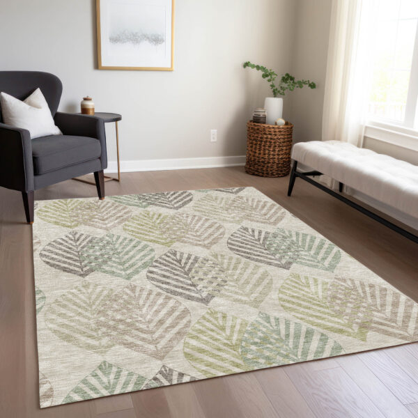 5' X 8' Beige Taupe And Artichoke Green Floral Washable Indoor Outdoor Area Rug