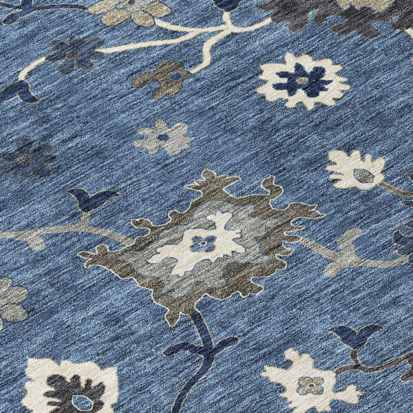 3' X 5' Blue Gray And White Floral Washable Indoor Outdoor Area Rug