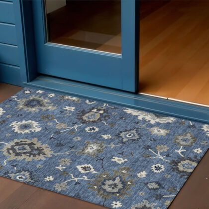 3' X 5' Blue Gray And White Floral Washable Indoor Outdoor Area Rug