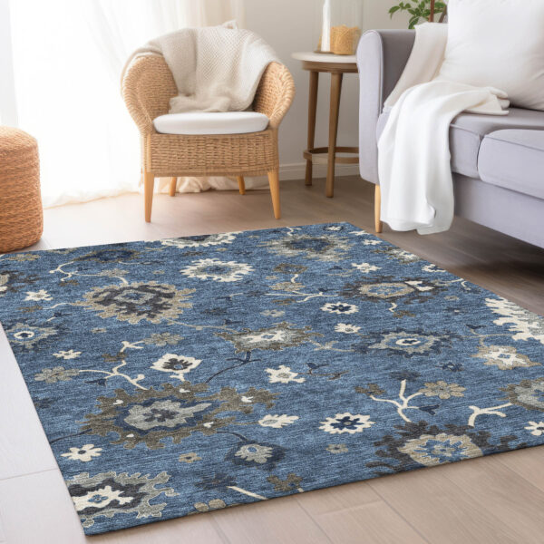 3' X 5' Blue Gray And White Floral Washable Indoor Outdoor Area Rug