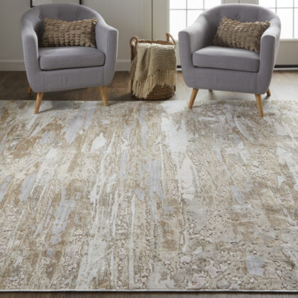 12' X 15' Tan And Ivory Abstract Power Loom Distressed Area Rug