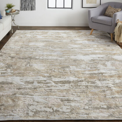 12' X 15' Tan And Ivory Abstract Power Loom Distressed Area Rug