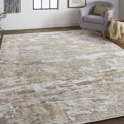 12' X 15' Tan And Ivory Abstract Power Loom Distressed Area Rug