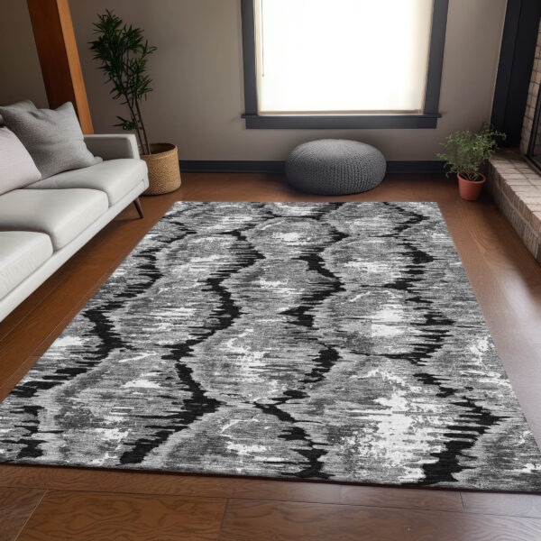 10' X 14' Black Charcoal And Silver Abstract Washable Indoor Outdoor Area Rug