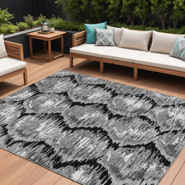 10' X 14' Black Charcoal And Silver Abstract Washable Indoor Outdoor Area Rug