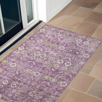 3' X 5' Lavender and Ivory Floral Washable Non Skid Indoor Outdoor Area Rug